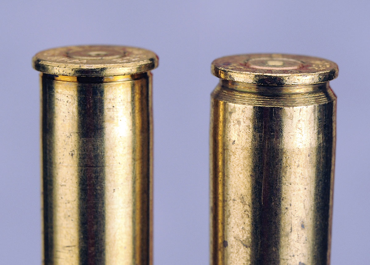 The one on the left is the 225 Winchester based on a semi-rimmed case. At right, shown is the 22-250 Remington on a rimmed case, which shows why the Winchester version might have lost the race in popularity over time.